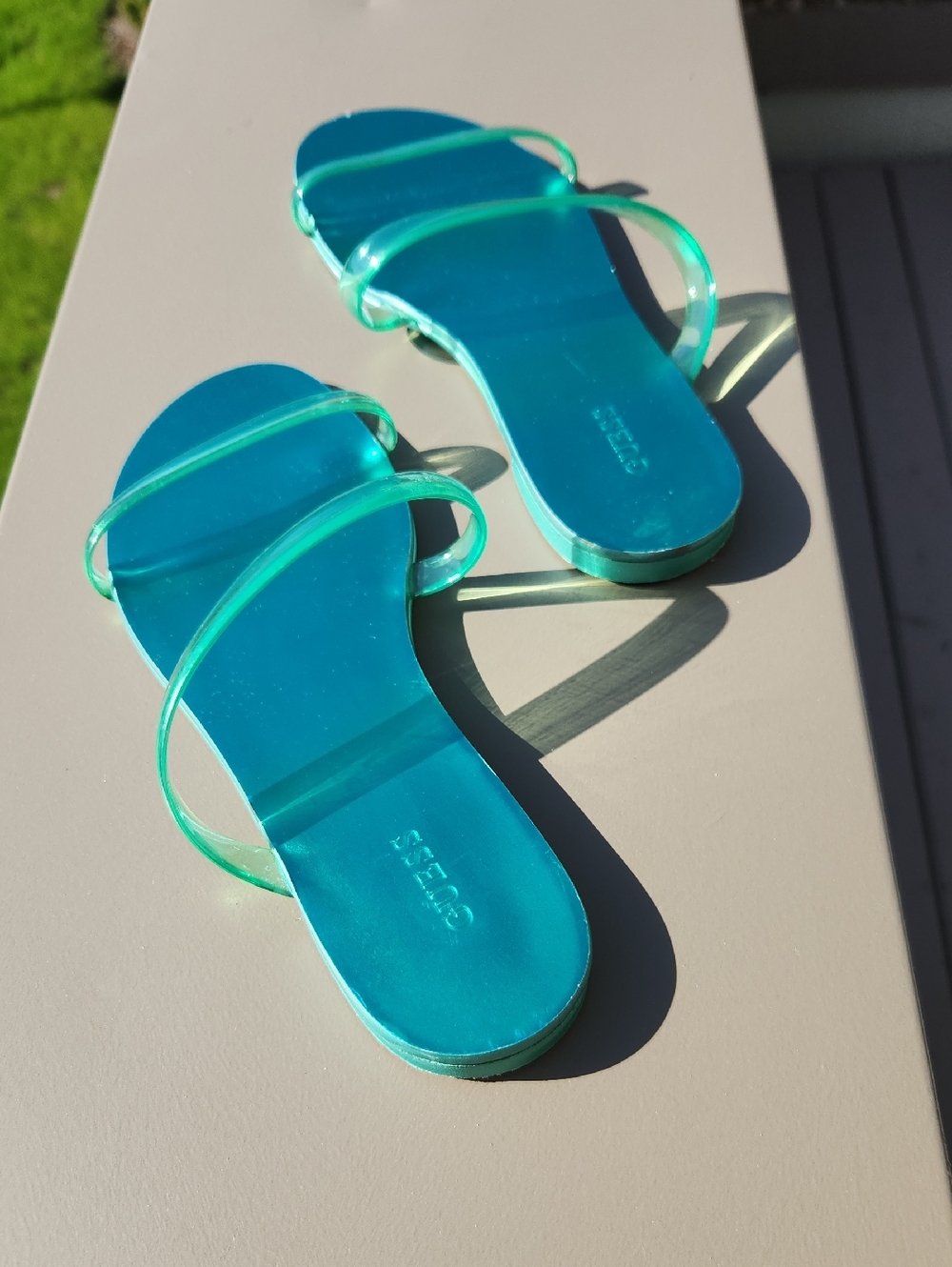 Guess Teal Slide Sandals with‎ Clear Green-Tinted Straps